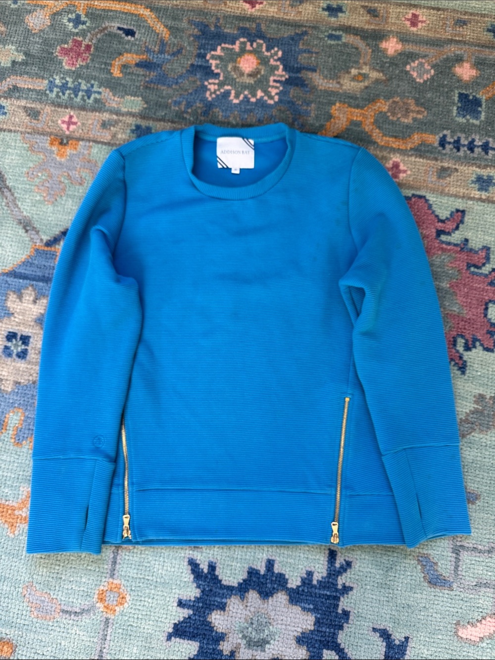 Addison Bay Women's Bright Blue Crewneck Sweater with Gold Zips